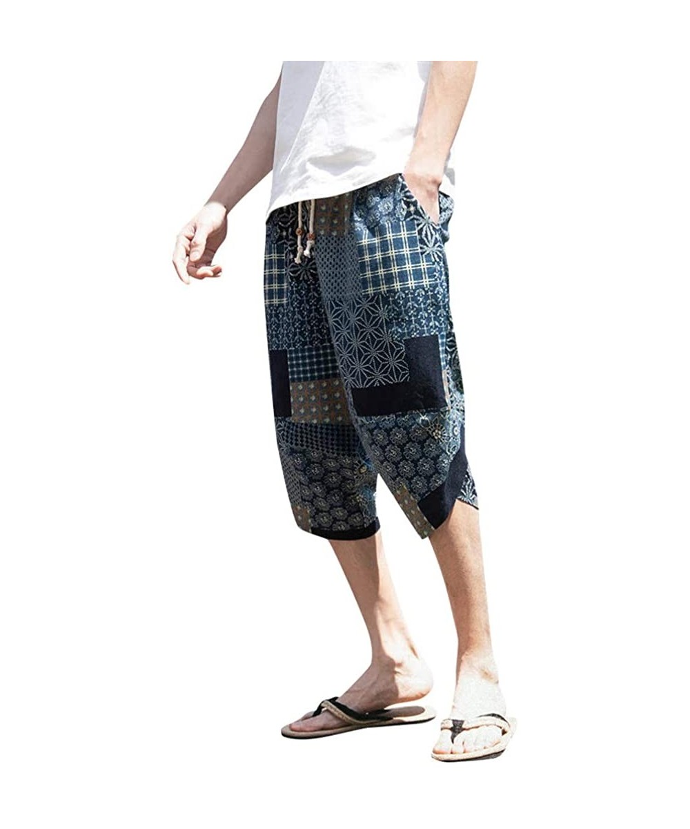 Board Shorts Floral Harem Pants Men's Cotton Linen Wide Leg Pajamas Cropped Trousers - A Blue - CW18SD0UC2G