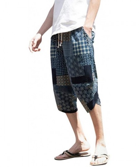 Board Shorts Floral Harem Pants Men's Cotton Linen Wide Leg Pajamas Cropped Trousers - A Blue - CW18SD0UC2G