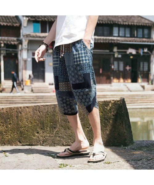 Board Shorts Floral Harem Pants Men's Cotton Linen Wide Leg Pajamas Cropped Trousers - A Blue - CW18SD0UC2G