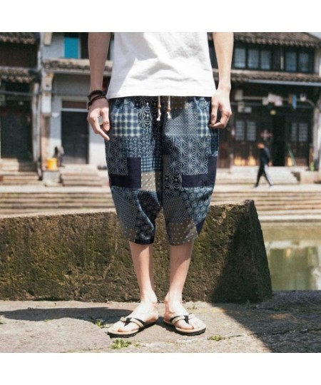 Board Shorts Floral Harem Pants Men's Cotton Linen Wide Leg Pajamas Cropped Trousers - A Blue - CW18SD0UC2G