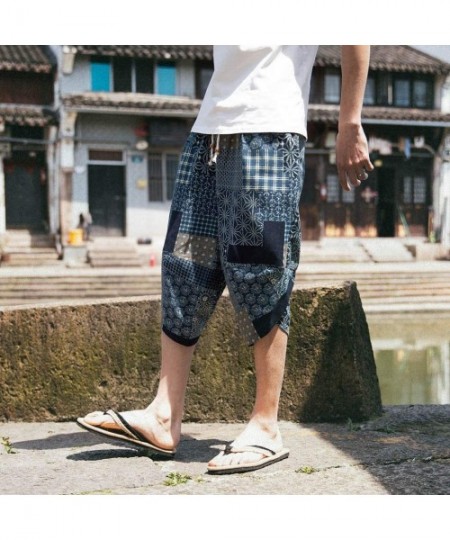 Board Shorts Floral Harem Pants Men's Cotton Linen Wide Leg Pajamas Cropped Trousers - A Blue - CW18SD0UC2G