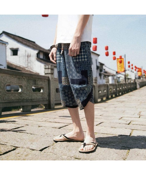 Board Shorts Floral Harem Pants Men's Cotton Linen Wide Leg Pajamas Cropped Trousers - A Blue - CW18SD0UC2G