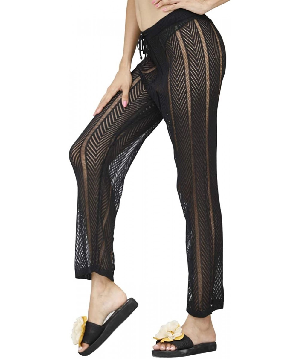 Cover-Ups Womens Sexy Hollow Out See Through Mesh Long Crochet Pants Swimsuit Cover Up Pants - Black - CY19CAGDH8E