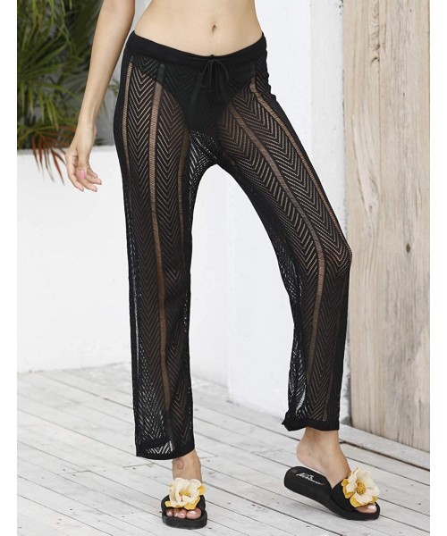 Cover-Ups Womens Sexy Hollow Out See Through Mesh Long Crochet Pants Swimsuit Cover Up Pants - Black - CY19CAGDH8E