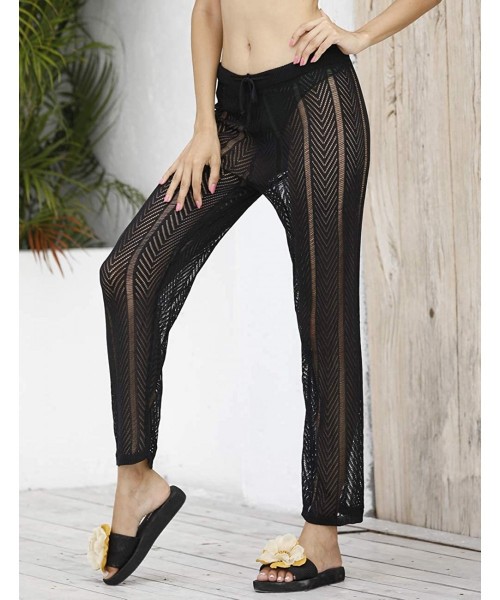 Cover-Ups Womens Sexy Hollow Out See Through Mesh Long Crochet Pants Swimsuit Cover Up Pants - Black - CY19CAGDH8E