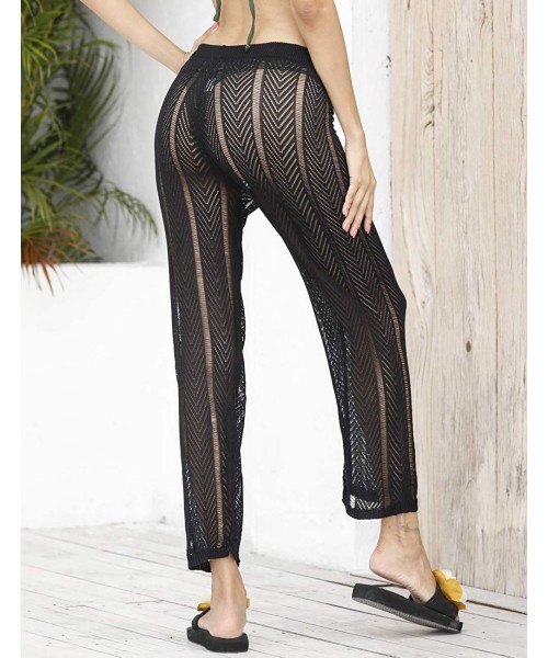 Cover-Ups Womens Sexy Hollow Out See Through Mesh Long Crochet Pants Swimsuit Cover Up Pants - Black - CY19CAGDH8E