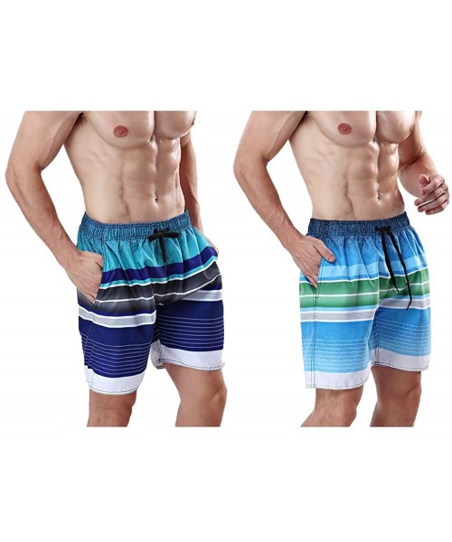 Board Shorts Men's Swim Trunk Beach Shorts - Navy Stripe-ocean Blue - CJ199GC485G