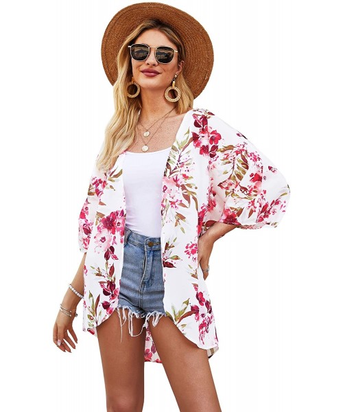 Cover-Ups Women's Fashion Floral Print Kimono Cardigan Open Front Long Tops Loose Cover Ups - F11 - C7192TY227U