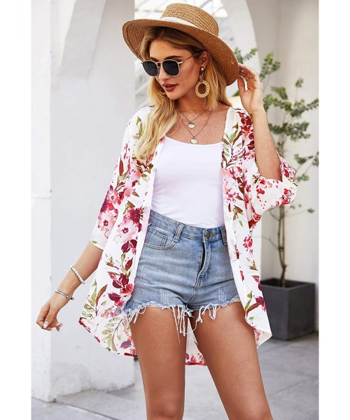 Cover-Ups Women's Fashion Floral Print Kimono Cardigan Open Front Long Tops Loose Cover Ups - F11 - C7192TY227U