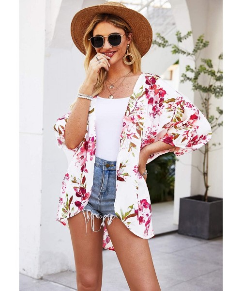 Cover-Ups Women's Fashion Floral Print Kimono Cardigan Open Front Long Tops Loose Cover Ups - F11 - C7192TY227U