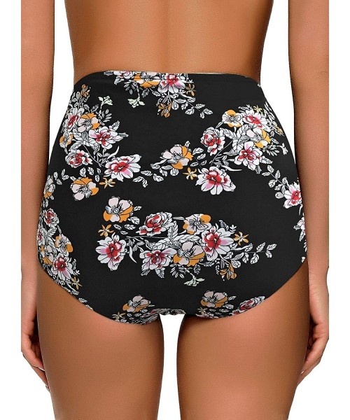 Tankinis Women's High Waist Ruched Bikini Bottom Solid Swim Shorts Tankini Brief - D Black Print - CU190KHUXA2