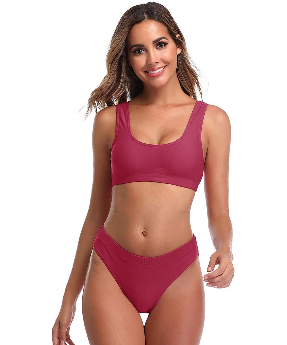 Sets Woman's Two Pieces Bikini Sets Sports Swimsuit Low Top High Waisted High Bottom - Burgundy - C818CNZCELQ