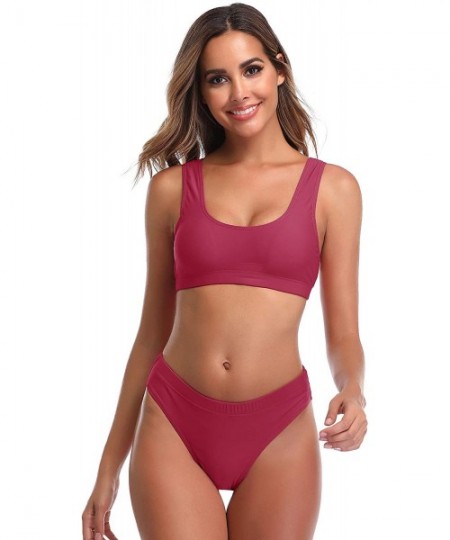 Sets Woman's Two Pieces Bikini Sets Sports Swimsuit Low Top High Waisted High Bottom - Burgundy - C818CNZCELQ