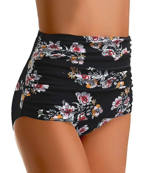 Tankinis Women's High Waist Ruched Bikini Bottom Solid Swim Shorts Tankini Brief - D Black Print - CU190KHUXA2