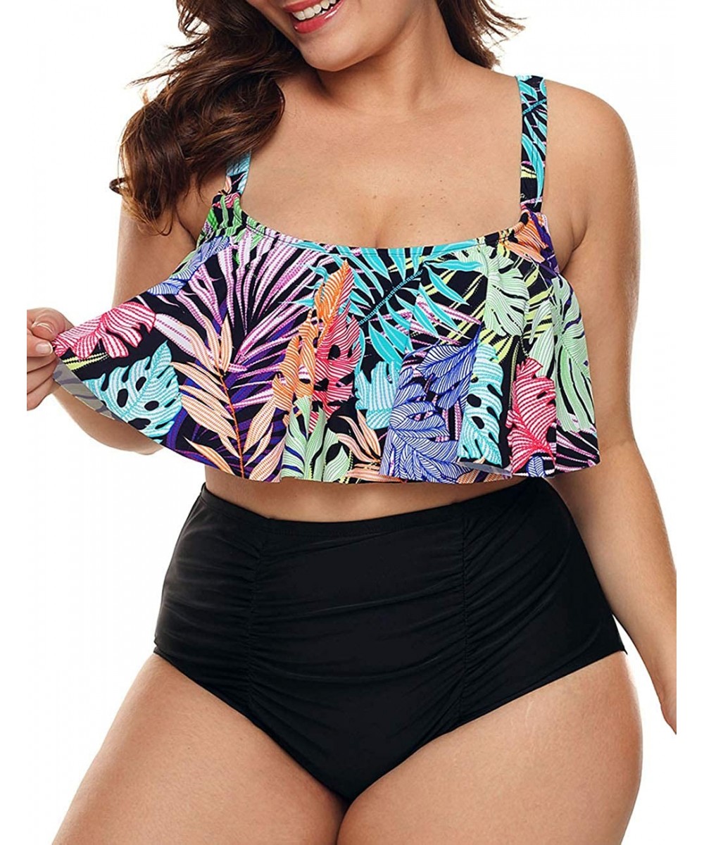 One-Pieces Womens Plus Size Halter Neck Peplum Tankini Two Piece Bathing Suit Swimwear Swimsuit(M-XXXL) - Z-flower - CH18N7D5O98