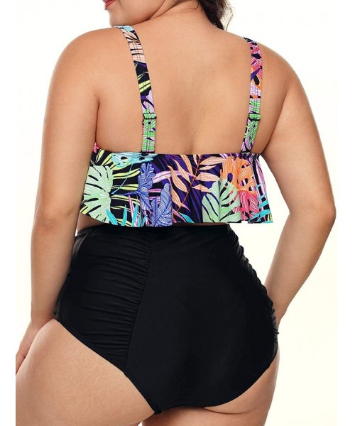 One-Pieces Womens Plus Size Halter Neck Peplum Tankini Two Piece Bathing Suit Swimwear Swimsuit(M-XXXL) - Z-flower - CH18N7D5O98