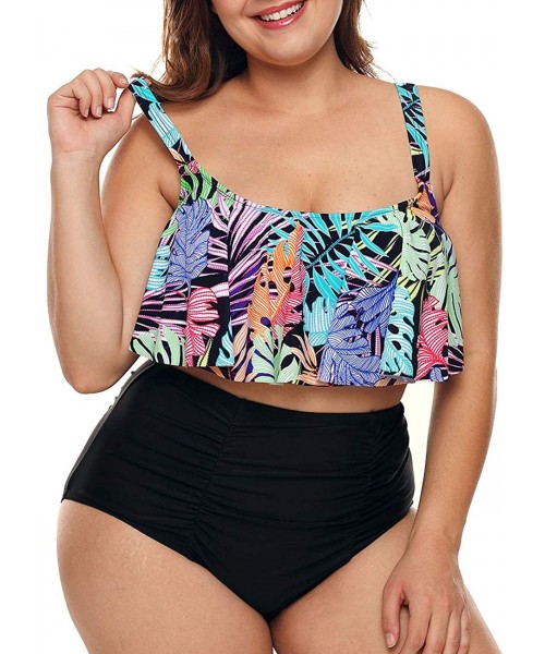 One-Pieces Womens Plus Size Halter Neck Peplum Tankini Two Piece Bathing Suit Swimwear Swimsuit(M-XXXL) - Z-flower - CH18N7D5O98