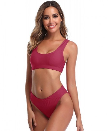 Sets Woman's Two Pieces Bikini Sets Sports Swimsuit Low Top High Waisted High Bottom - Burgundy - C818CNZCELQ