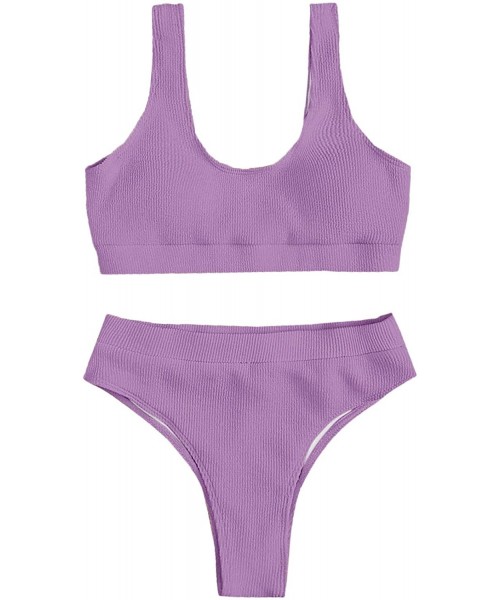 Sets Women's High Waisted Solid Bikini Sets Two Piece Crop Top Swimsuits - Purple - C719990WA2W