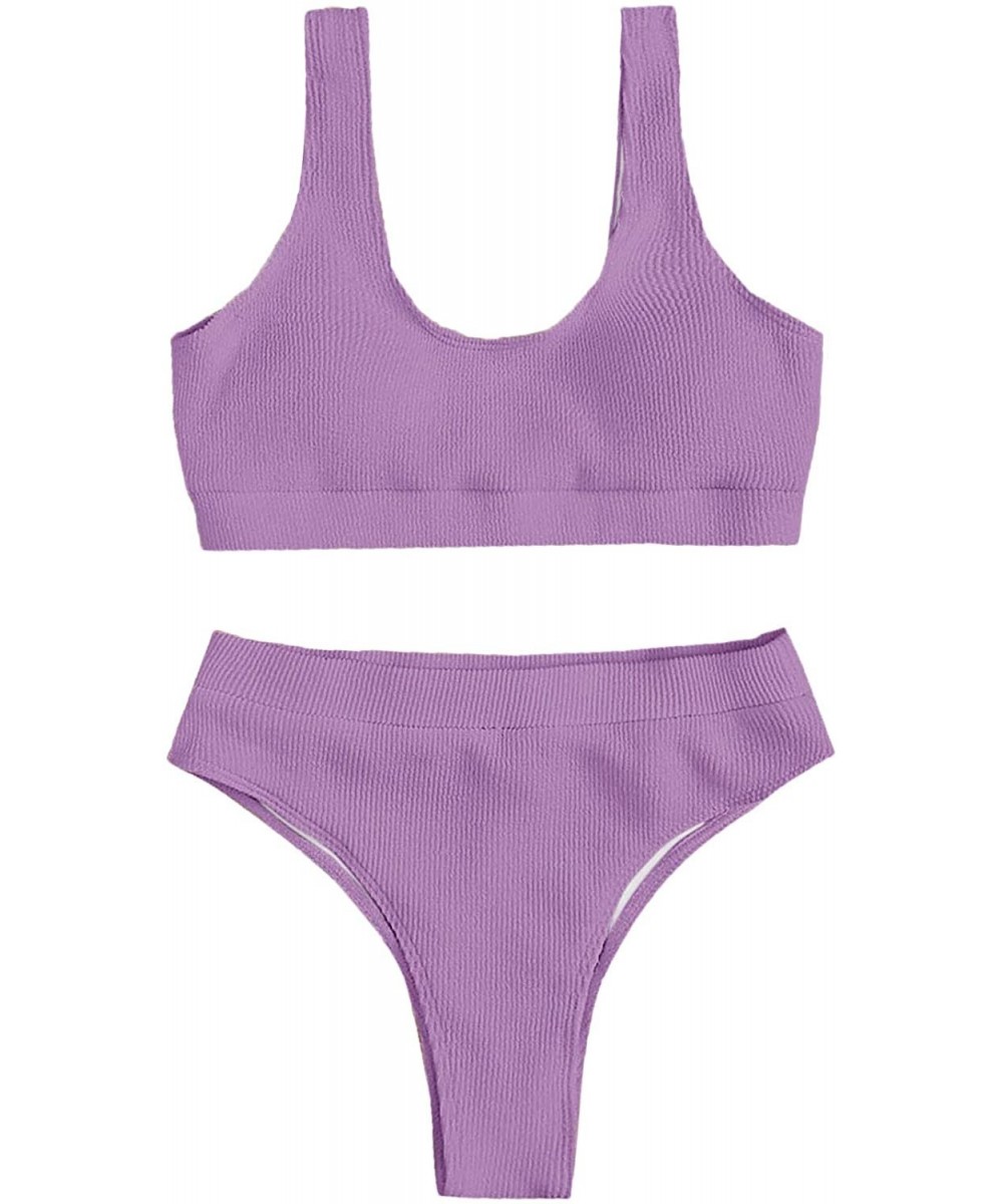 Sets Women's High Waisted Solid Bikini Sets Two Piece Crop Top Swimsuits - Purple - C719990WA2W