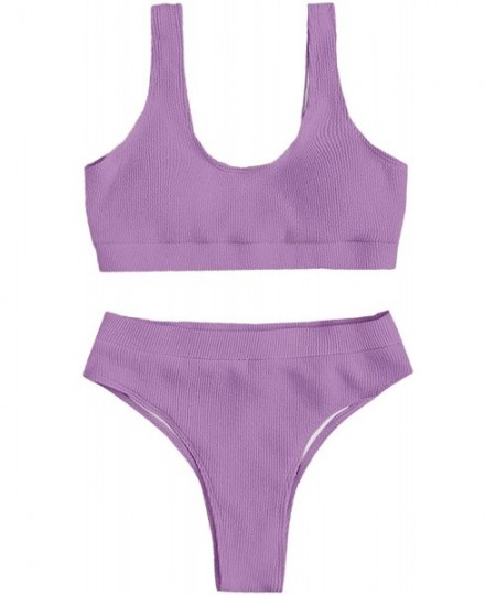 Sets Women's High Waisted Solid Bikini Sets Two Piece Crop Top Swimsuits - Purple - C719990WA2W