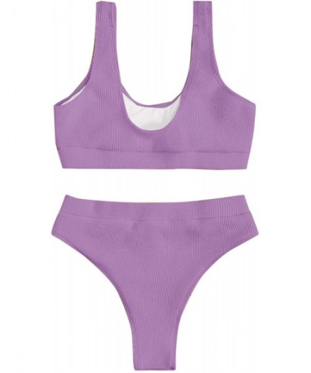 Sets Women's High Waisted Solid Bikini Sets Two Piece Crop Top Swimsuits - Purple - C719990WA2W