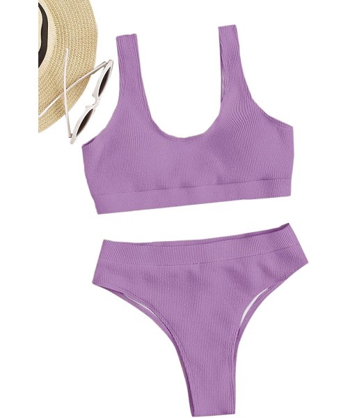 Sets Women's High Waisted Solid Bikini Sets Two Piece Crop Top Swimsuits - Purple - C719990WA2W