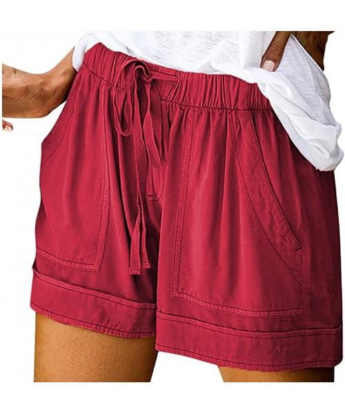 Board Shorts Casual Womens Short Pants Drawstring Splice Elastic Waist Pocketed Loose Shorts - Wine - CF199RDNZK5