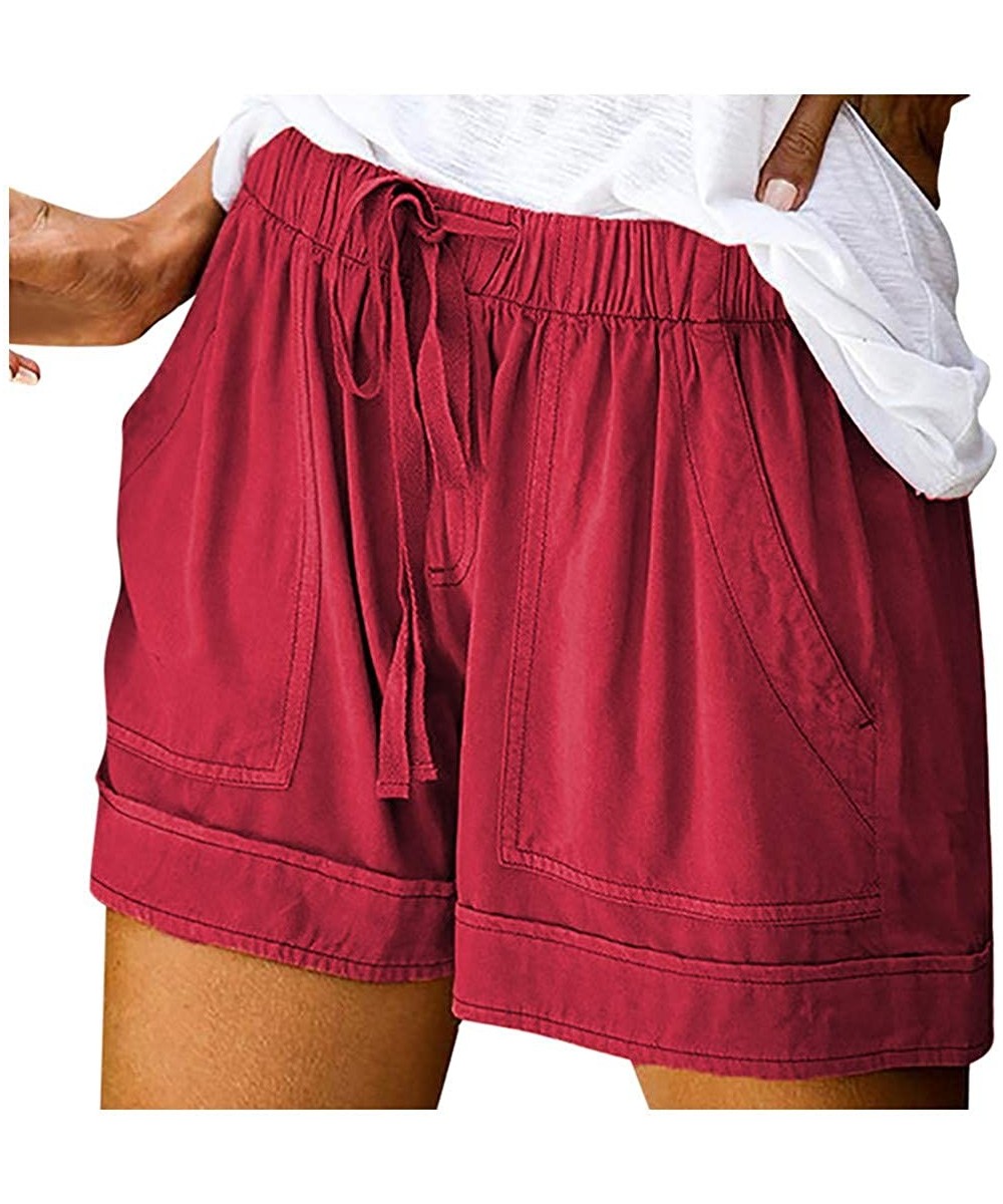 Board Shorts Casual Womens Short Pants Drawstring Splice Elastic Waist Pocketed Loose Shorts - Wine - CF199RDNZK5