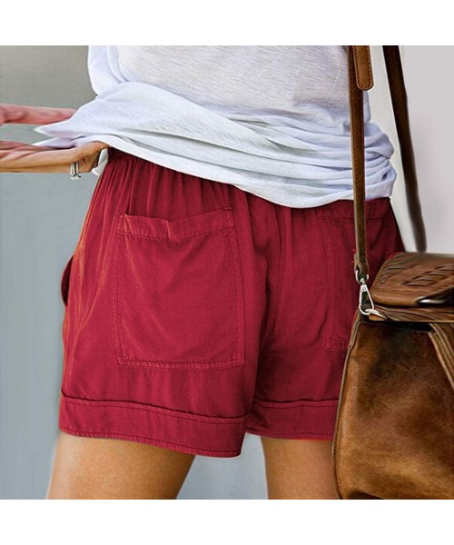 Board Shorts Casual Womens Short Pants Drawstring Splice Elastic Waist Pocketed Loose Shorts - Wine - CF199RDNZK5