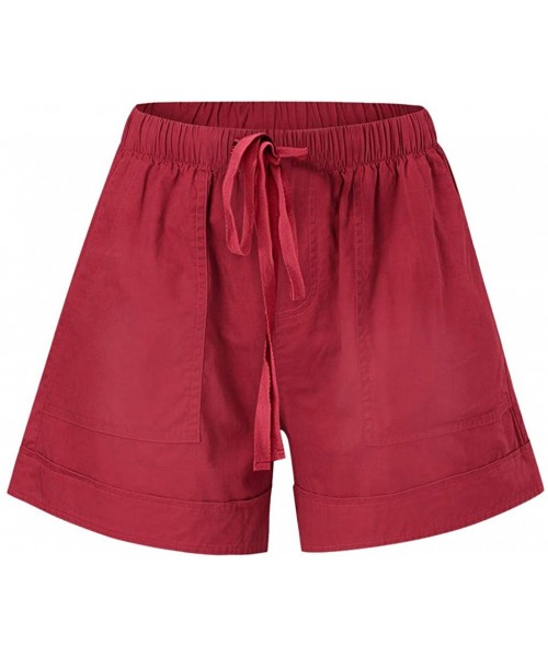 Board Shorts Casual Womens Short Pants Drawstring Splice Elastic Waist Pocketed Loose Shorts - Wine - CF199RDNZK5