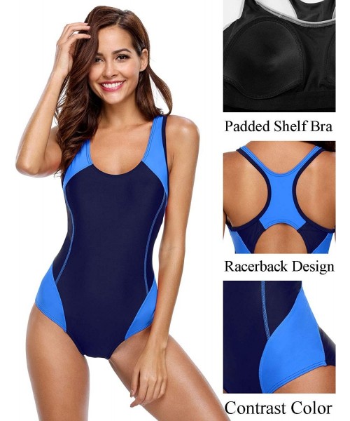 Racing Women's One Piece Athletic Racerback Bathing Suit Color Block Swimsuit - Blue/Navy - CU194MTR4QK