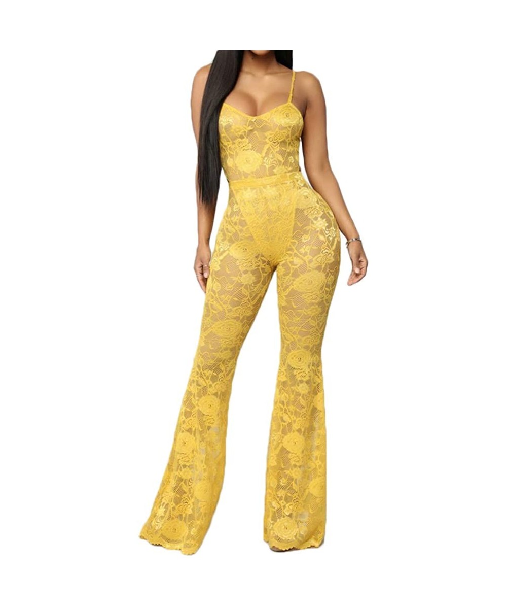 Racing Women See Through Sheer Mesh Bandage Two Piece Bikini Cover Up Hoodie Crop Tops and Legging Pants - Yellow Lace - CF18...