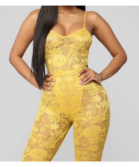 Racing Women See Through Sheer Mesh Bandage Two Piece Bikini Cover Up Hoodie Crop Tops and Legging Pants - Yellow Lace - CF18...