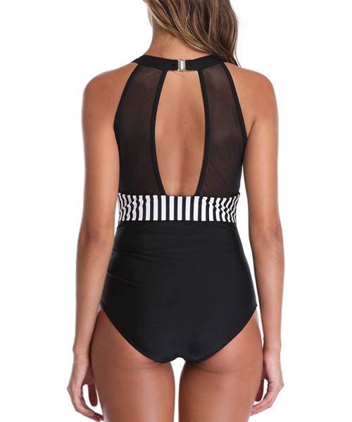 One-Pieces Womens One Piece Swimsuits Monokini Tummy Control Swimwear High Neck Halter - Black White Dot - C818RSQ546Y