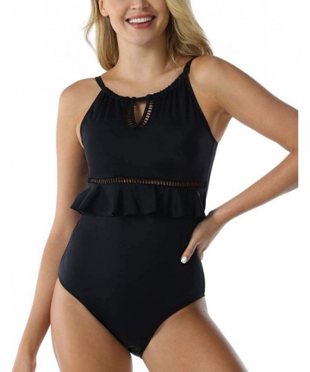 One-Pieces Women's One Piece Flounce Bikini Swimsuit Halter Lattice Key Hole Bikini Beachwear - Black - CQ18UDI04ER