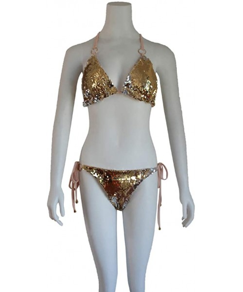 Sets Women Sexy Two Piece Swimsuit Reversible Sequin Halter Triangle Bikini Set Bathing Suit - Gold - CI18L3XAR8T