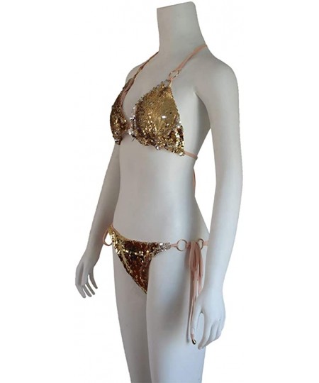 Sets Women Sexy Two Piece Swimsuit Reversible Sequin Halter Triangle Bikini Set Bathing Suit - Gold - CI18L3XAR8T