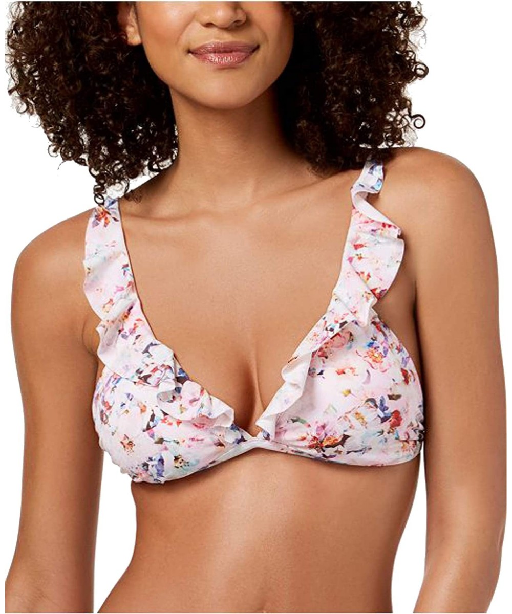 Bottoms Bar Iii Crystal Floral Printed Ruffle Bikini Top- Small White - CI114GNRDRH