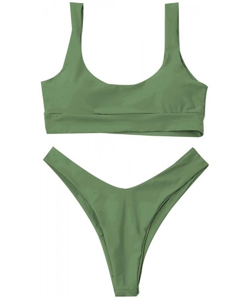 Sets Womens Two Piece Bikini Set Swimsuits Scoop Neck Crop Top Tank High Cut Bathing Suits - Green - C719CL4C3DO