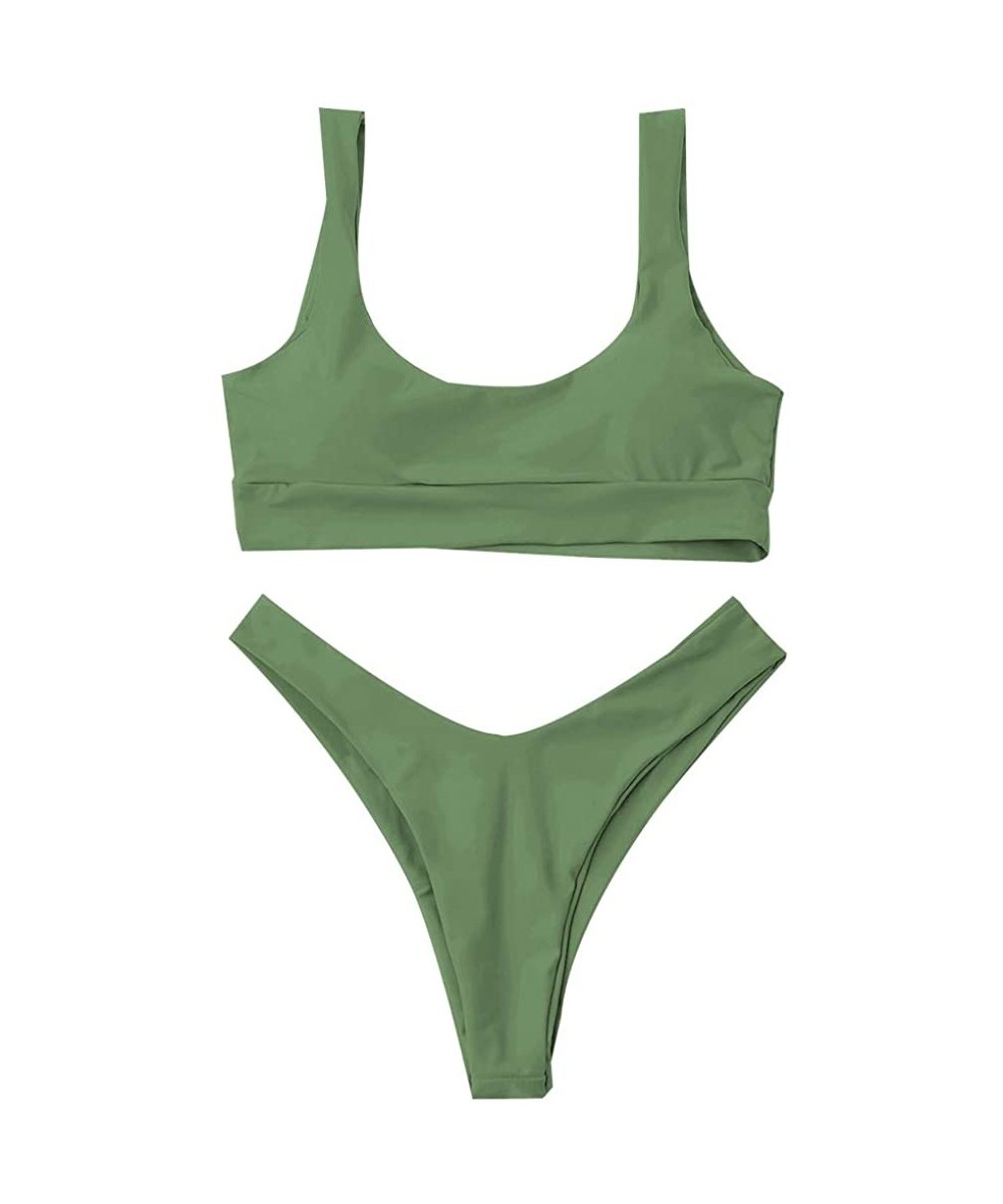 Sets Womens Two Piece Bikini Set Swimsuits Scoop Neck Crop Top Tank High Cut Bathing Suits - Green - C719CL4C3DO