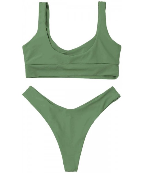 Sets Womens Two Piece Bikini Set Swimsuits Scoop Neck Crop Top Tank High Cut Bathing Suits - Green - C719CL4C3DO