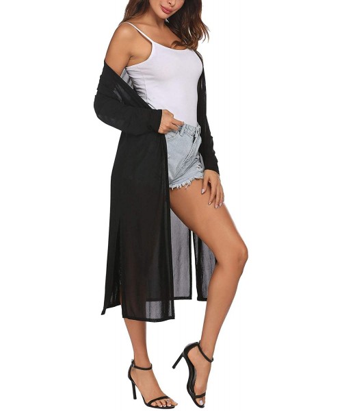 Cover-Ups Women 3/4 Sleeve Split Back Sheer Chiffon Maxi Kimono Long Cover Up Blouse - Z_black - CP19D0ZDGDL