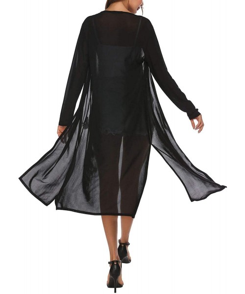 Cover-Ups Women 3/4 Sleeve Split Back Sheer Chiffon Maxi Kimono Long Cover Up Blouse - Z_black - CP19D0ZDGDL