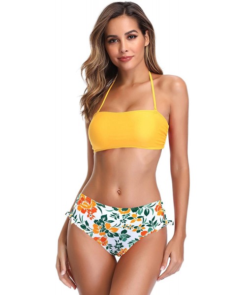 Sets Women's Bandeau Bikini High Waisted Tie Side Bottom Two Piece Swimsuits - Yellow - CY18SUNC4H5