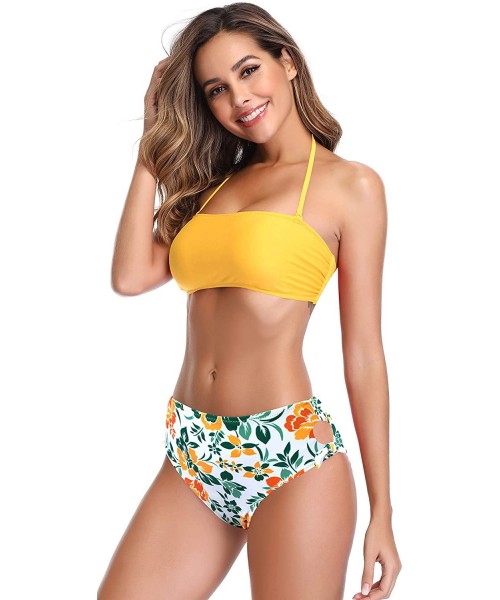 Sets Women's Bandeau Bikini High Waisted Tie Side Bottom Two Piece Swimsuits - Yellow - CY18SUNC4H5