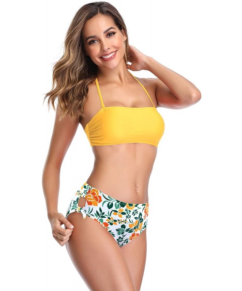 Sets Women's Bandeau Bikini High Waisted Tie Side Bottom Two Piece Swimsuits - Yellow - CY18SUNC4H5