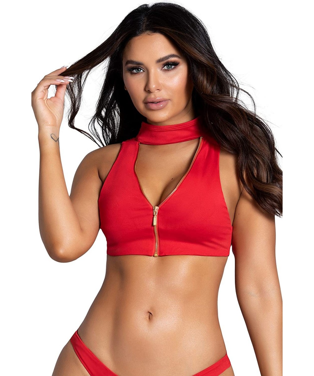 Tops Red Low Cut Neckline Gold Zipper Choker Sporty Shoulder Straps Swimwear Bikini Top - Red - C2199LY65T8