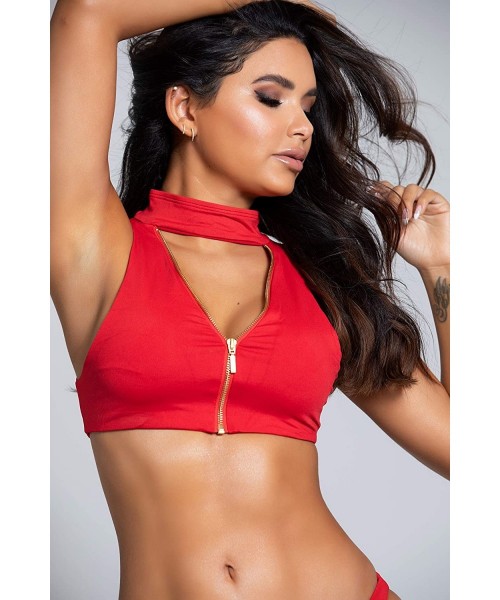 Tops Red Low Cut Neckline Gold Zipper Choker Sporty Shoulder Straps Swimwear Bikini Top - Red - C2199LY65T8