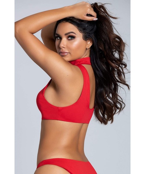 Tops Red Low Cut Neckline Gold Zipper Choker Sporty Shoulder Straps Swimwear Bikini Top - Red - C2199LY65T8